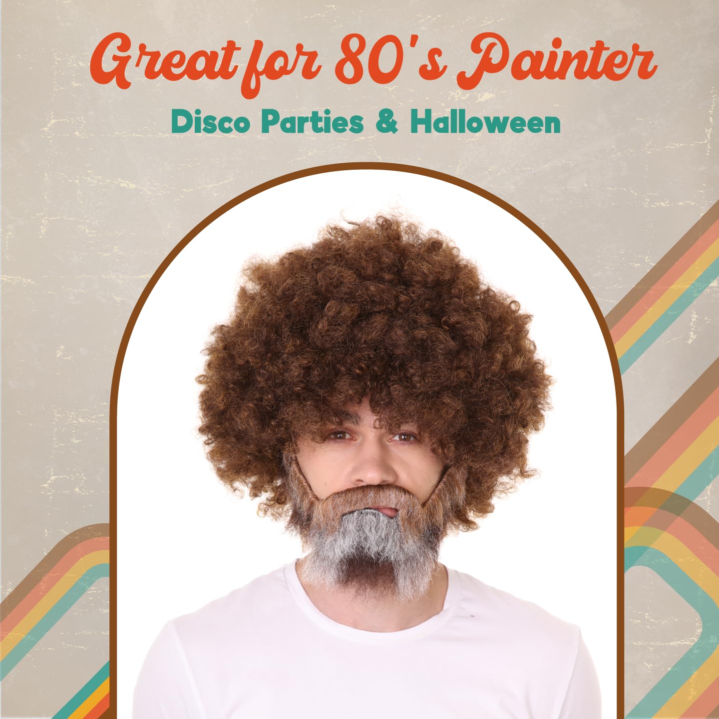 HPO Adult Unisex 80's Painter Brown Afro Wig and Patches of Gray Beard Set | Easy and Classic Celebrity Costume, Multiple Color Options (Adult, Brown)