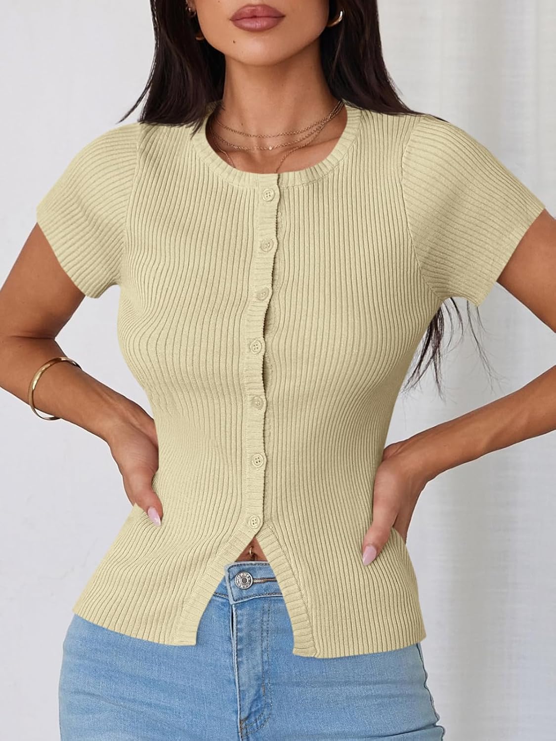 Imily Bela Womens Short Sleeve Sweater Tops Summer Button Down Casual Ribbed Knit Slim Fit Cropped Cardigan Shirts - Image 6