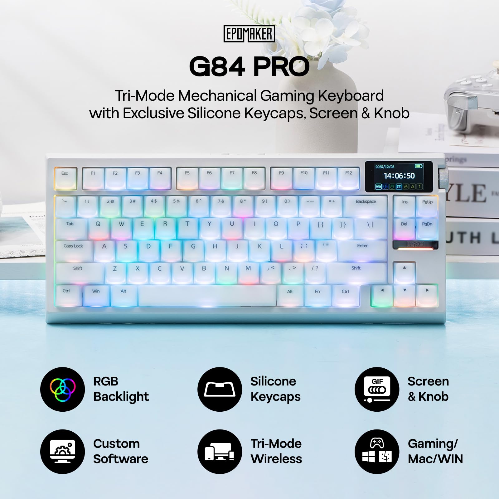 EPOMAKER G84 Pro Teclado Gaming Mecánico Inalámbrico del 75% con Batería de 8000mAh, Teclas de Silicona, 81 Teclas, Hot Swap, Controlador Personalizado, Retroiluminación RGB, Montaje Gasket (Blanco)