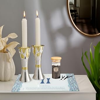 Rite Lite Tempered Glass Shabbat Candles Blessing Drip Tray | Luxury Jewish Shabbos Gifts Hostess Hebrew Modern Centerpiece Decor Blue & White 11.75