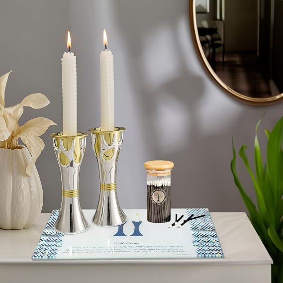 Rite Lite Tempered Glass Shabbat Candles Blessing Drip Tray | Luxury Jewish Shabbos Gifts Hostess Hebrew Modern Centerpiece Decor Blue & White 11.75