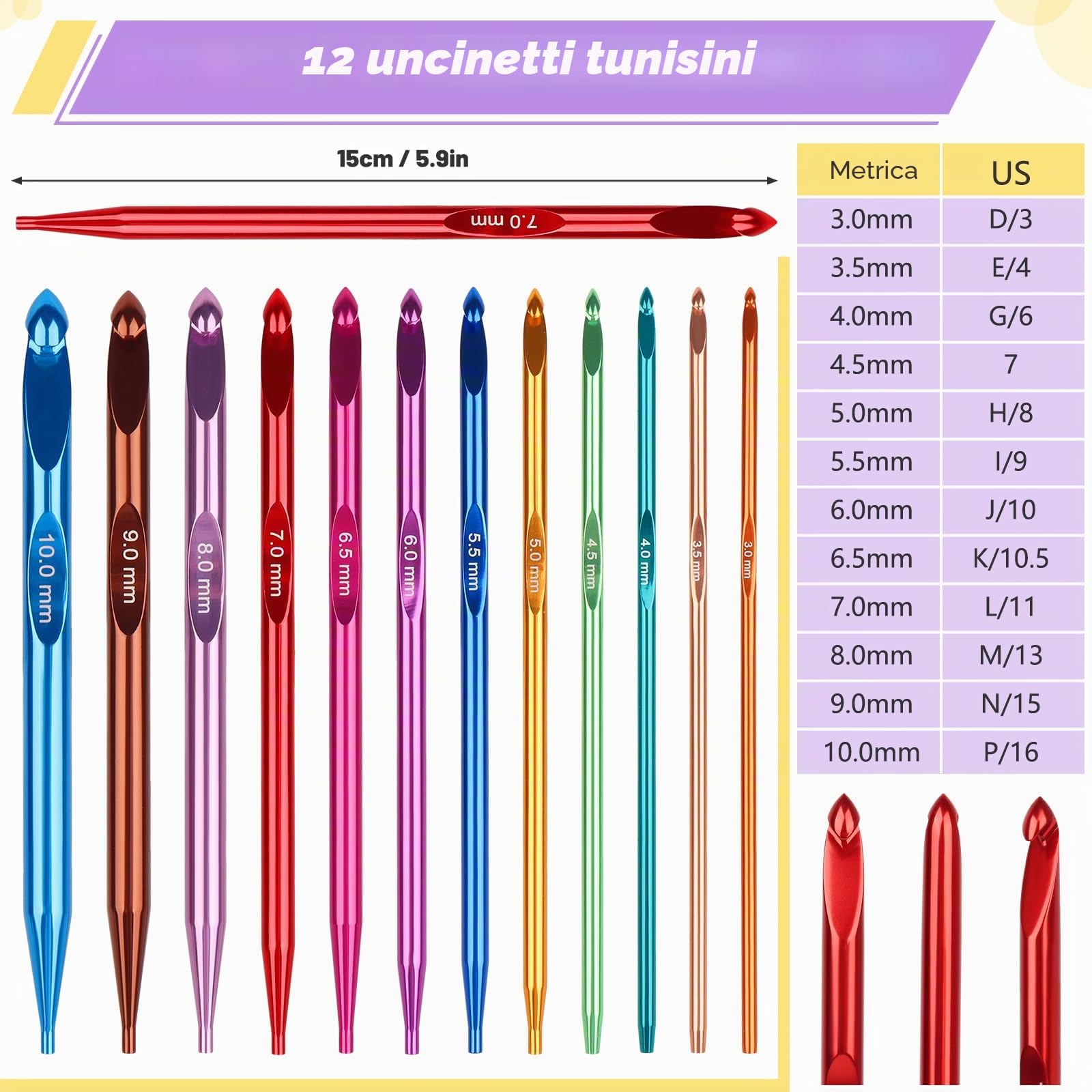 Coopay Set di 12 Uncinetti Tunisini Intercambiabili, 3,0-10,0mm con Filo da 40/60/80/100 cm, Uncinetto Colorati per Principianti e Professionisti, Uncinetto Afgano per Tappeti, Maglioni, Sciarpe