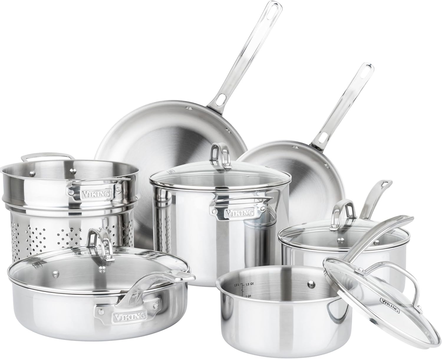 Viking ProClad 3-Ply Stainless Steel 11-Piece Cookware Set with Vented Glass Lids, Fry Pans, Saucepans, Saute Pan, Stock Pot with Strainer Insert, Oven Safe up to 600F
