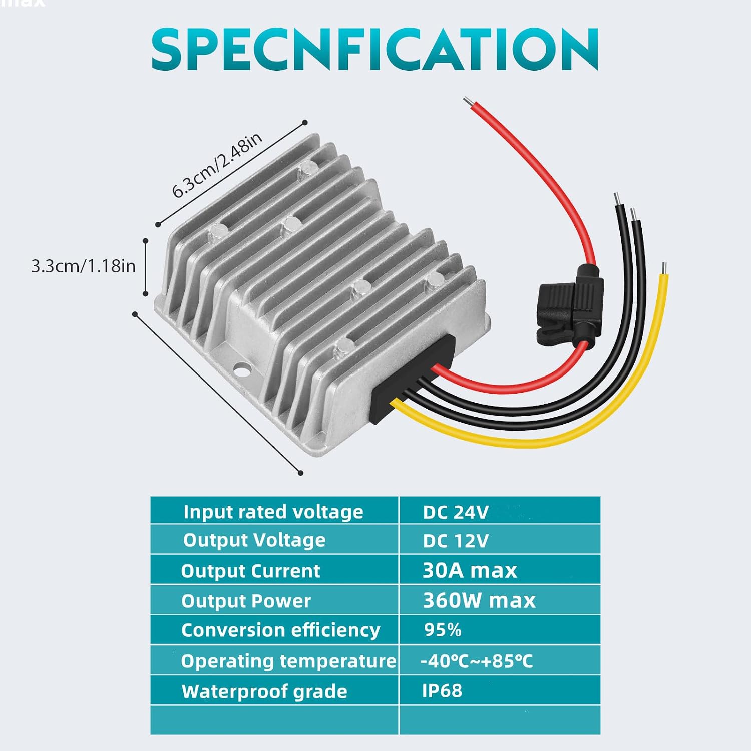 DC 24V to 12V 30A 360W Step Down Converter Regulator Waterproof Buck Power Supply Reducer RegulatorVoltage Module with Fuse (24V to 12V 30A)
