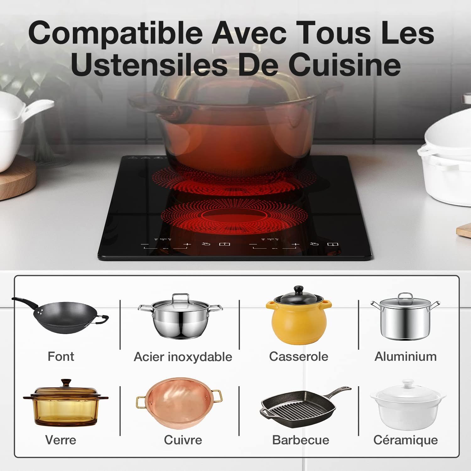 ANHANE Plaque Vitroceramique 2 Feux, Encastrable rechaud electrique 30cm | Plaque de cuisson électrique 3000W avec sécurité enfant, commande tactile, 9 niveaux, pour camping, cuisine et studio