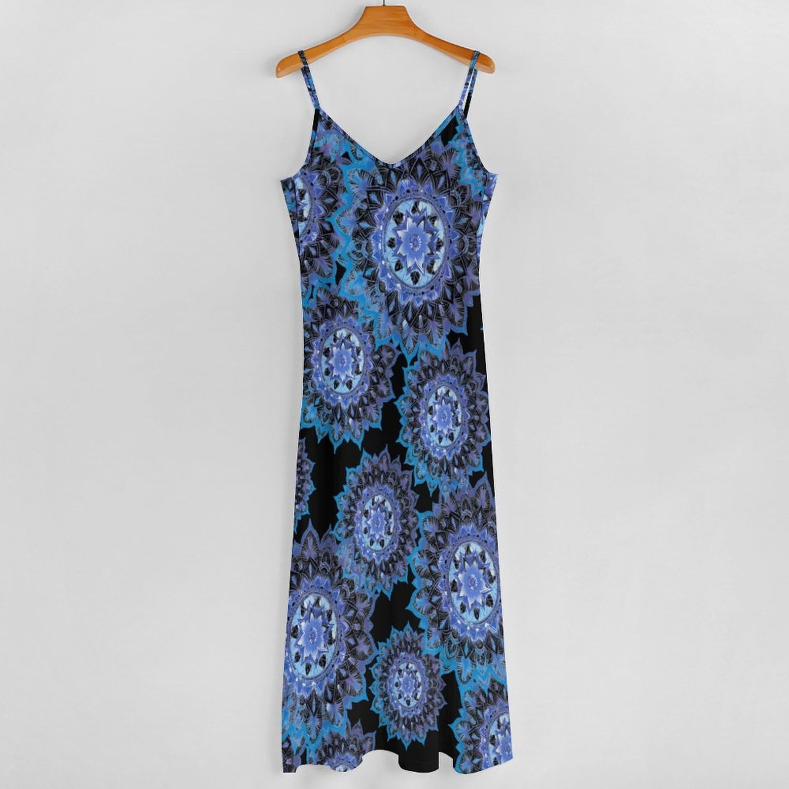 Vestido casual con estampado de flores degradadas azules para mujer, vestido largo con espagueti, longitud hasta el tobillo, vestido de verano fluido