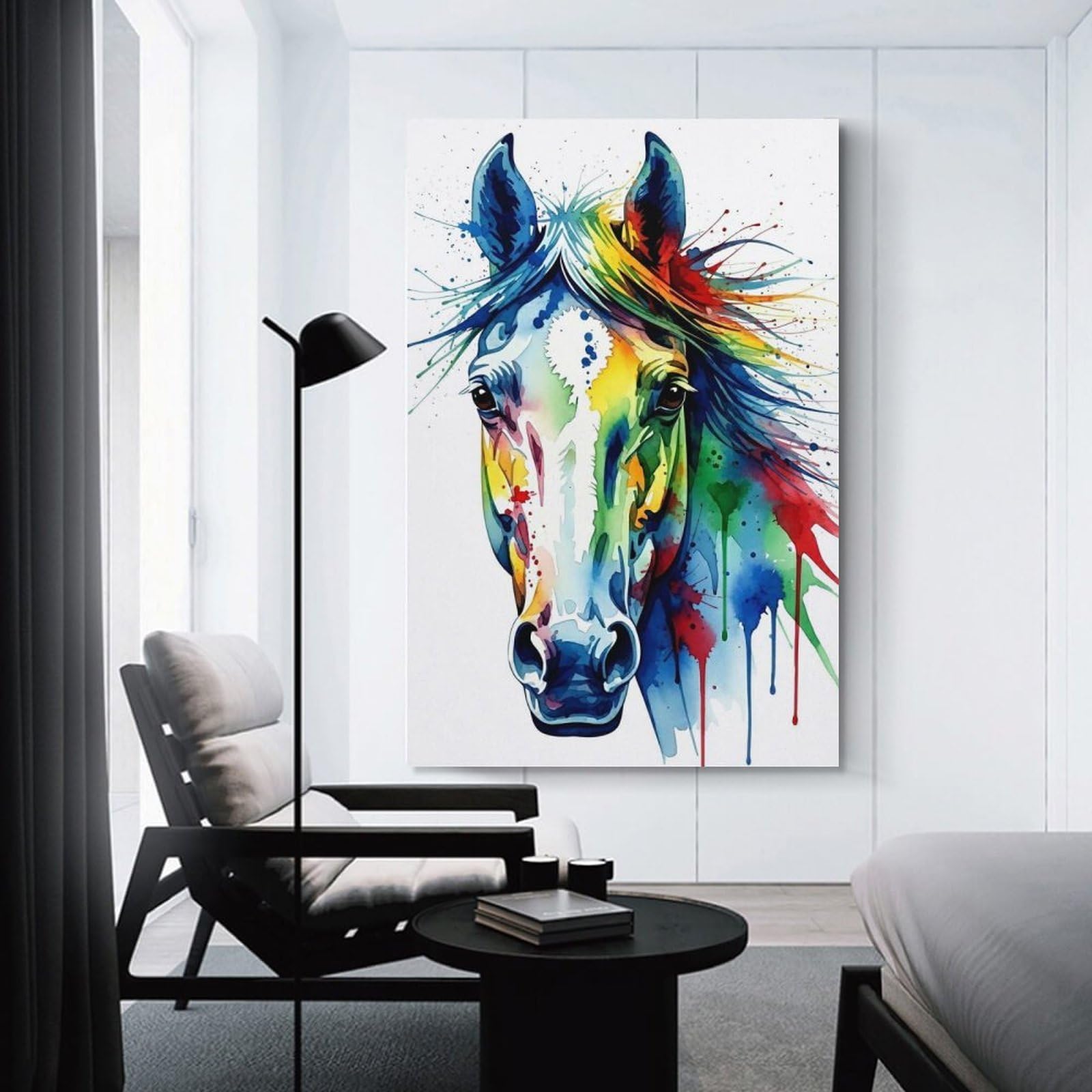 Junmoney Colorful Watercolor Horse Portrait Canvas Wall Art 12x18inch(30x45cm), for Work Areas, Reading Rooms Or Studios, A Smart Decor Choice for Study Walls