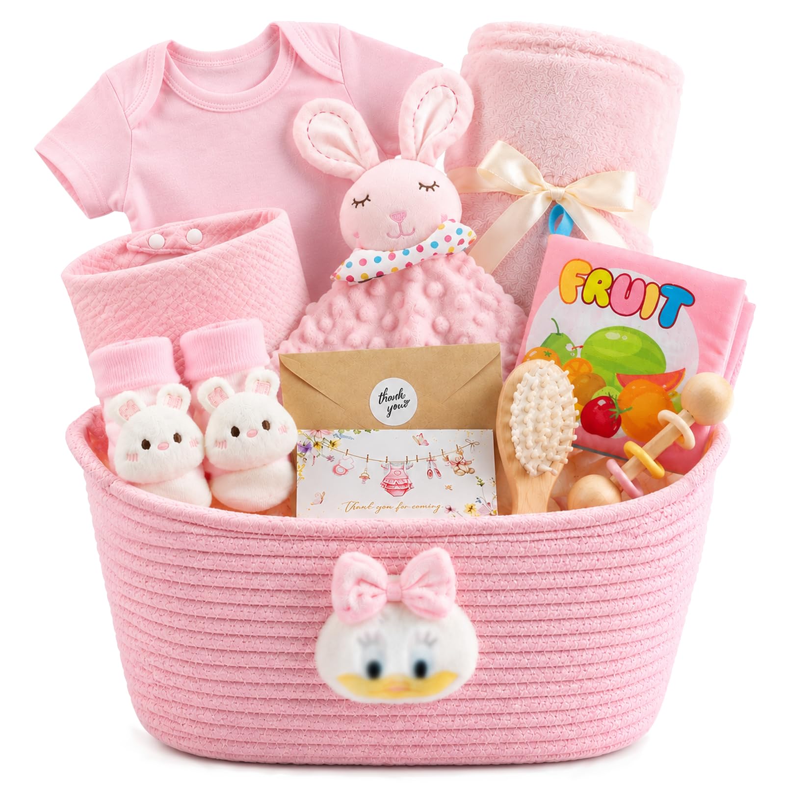 Set Regalo Neonato Femmina 10 Pezzi Regalo Nascita | con Copertina Bebè Peluche Doudou Sonaglio Libro in Tessuto Body Bavaglino e Calzini Perfetto per Baby Shower Battesimo
