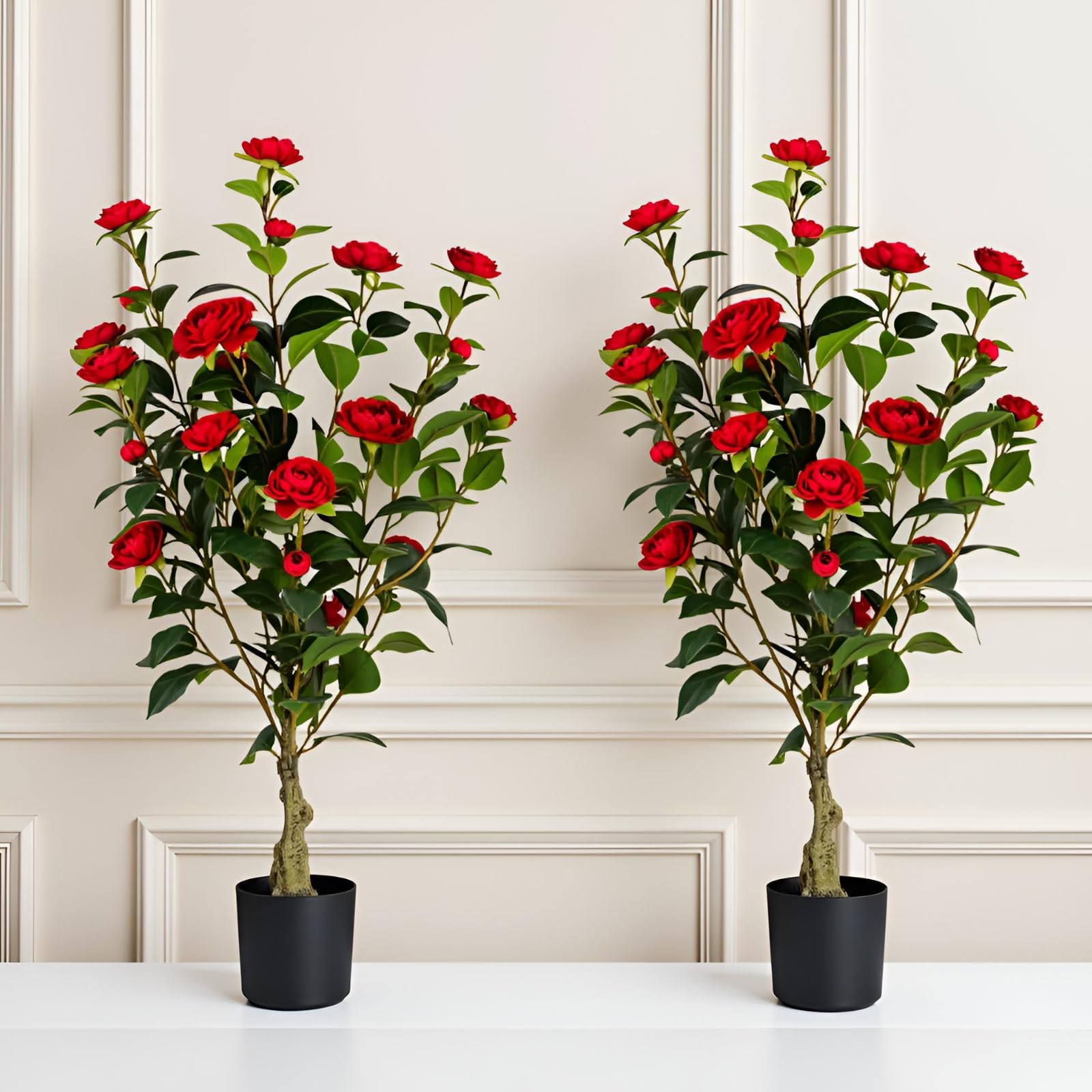 artificial camellia tree 2 pack, 3ft faux camellia plant in pot, 36 inch fake potted camellia flower tree plastic camellia tree for modern home office living room floor decor indoor, red