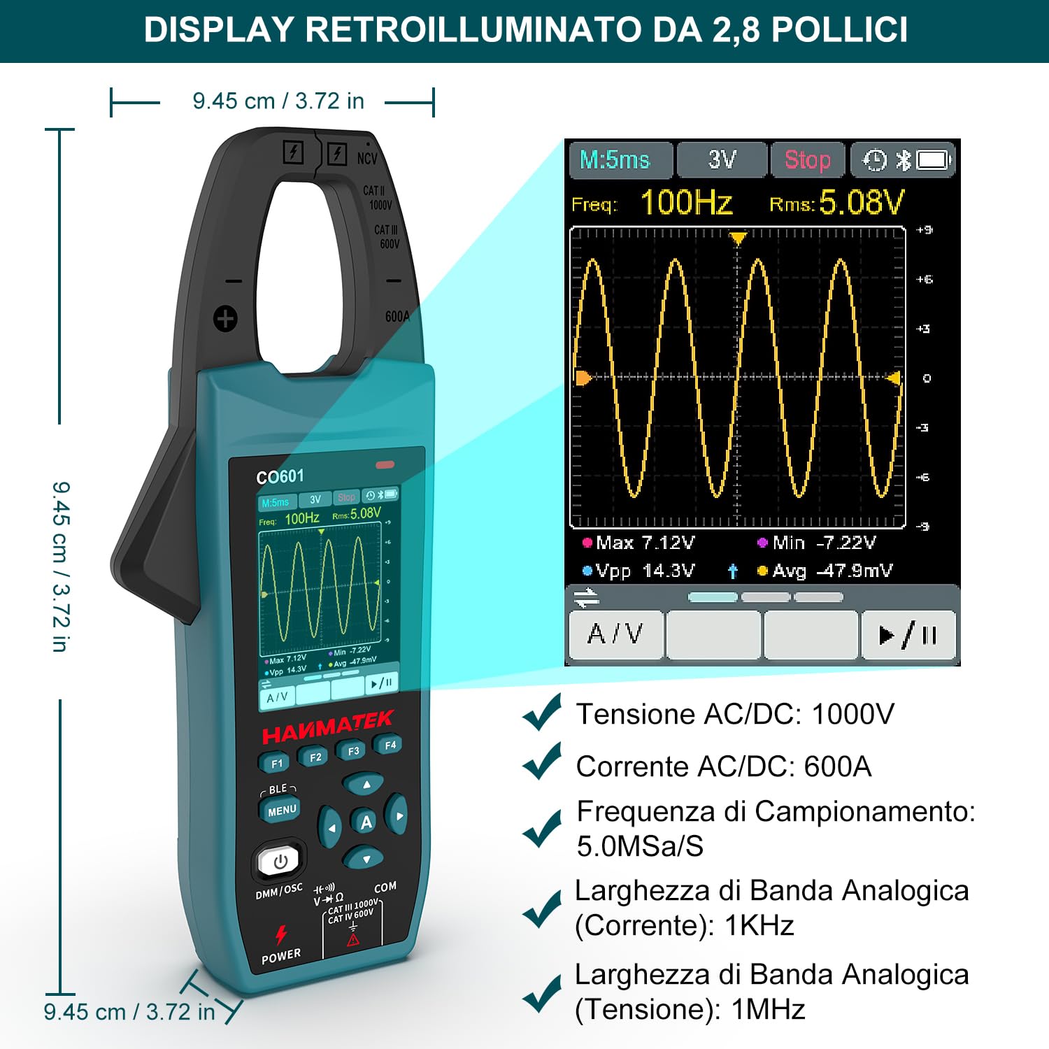 HANMATEK 2 in 1 Oscilloscopio e Multimetro Manuale con Pinza Amperometrica CO601, 5,0 MSa/s, Display TFT da 2,8", NCV, Batteria, APP