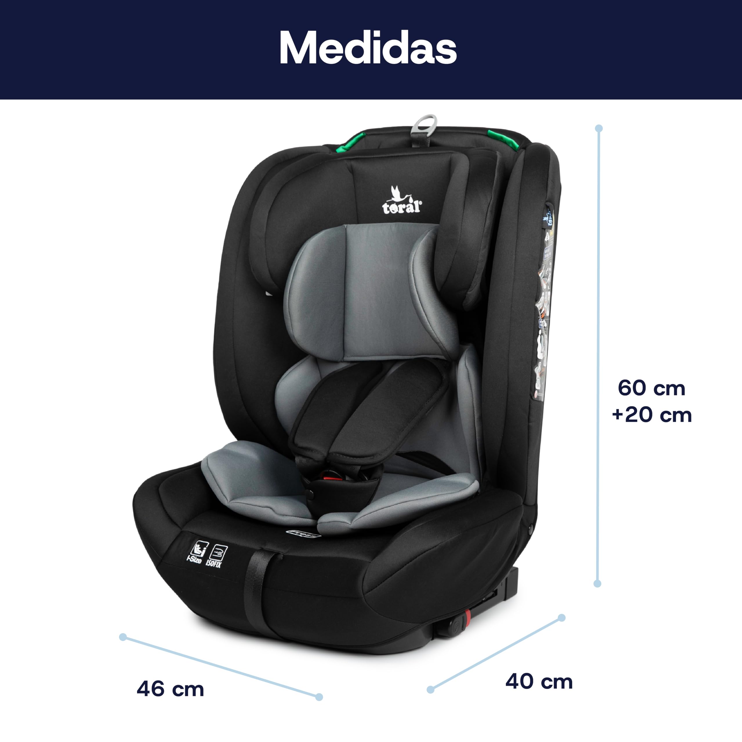 toral Silla Coche isofix 9-36 kg i-Size R129 – Arnés 5 puntos, reposacabezas ajustable – Silla Coche Bebe 76 a 150 isofix – Seguridad evolutiva para niños en trayectos y viajes – Modelo Silverstone+