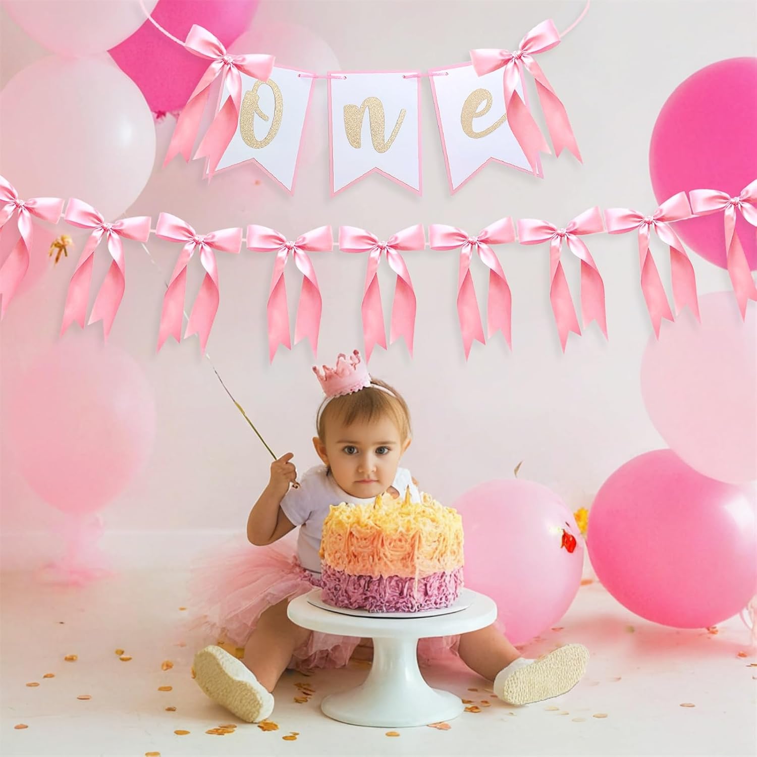 One Pink Bow Banner Highchair Garland for 1st Girl High Chair Pink Bow Themed Birthday Decorations First Birthday Party Decor