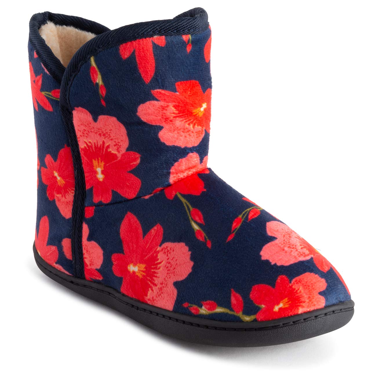 Polar Womens Memory Foam Indoor Faux Fur Fleece Bootie Rubber Sole Comfort Outdoor Anti Slip Durable Slippers - Blue Floral - UK6/EU39 - YC0753