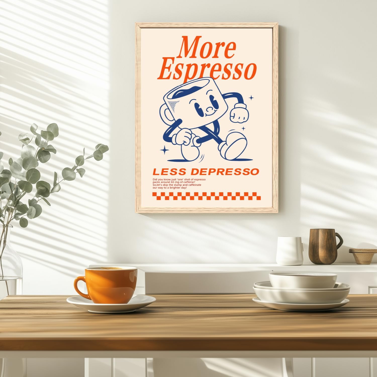 Cyebmo Funny Coffee Wall Art, Vintage Cafe Kitchen Wall Decor, More Espresso Less Depresso Art Prints, Beige Dorm Poster Print for Home Office Coffee Bar Kitchen, Wood Framed Ready to Hang 16x24 Inch image 2