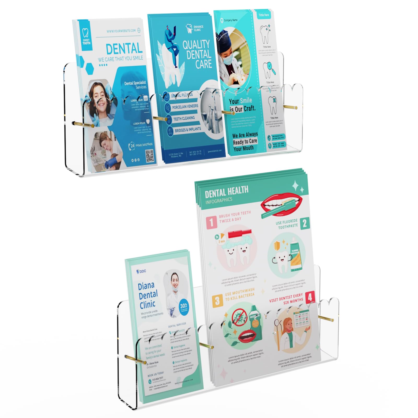 Laumffon Brochure Holder Wall Mount, 2 Pack Acrylic Modular Flyer with Adjustable Magnetic Golden Bolt, Wavy Lace Pamphlet Display Stand for Organizer Trifold Flyer, Document, Leaflet, 3 Slots