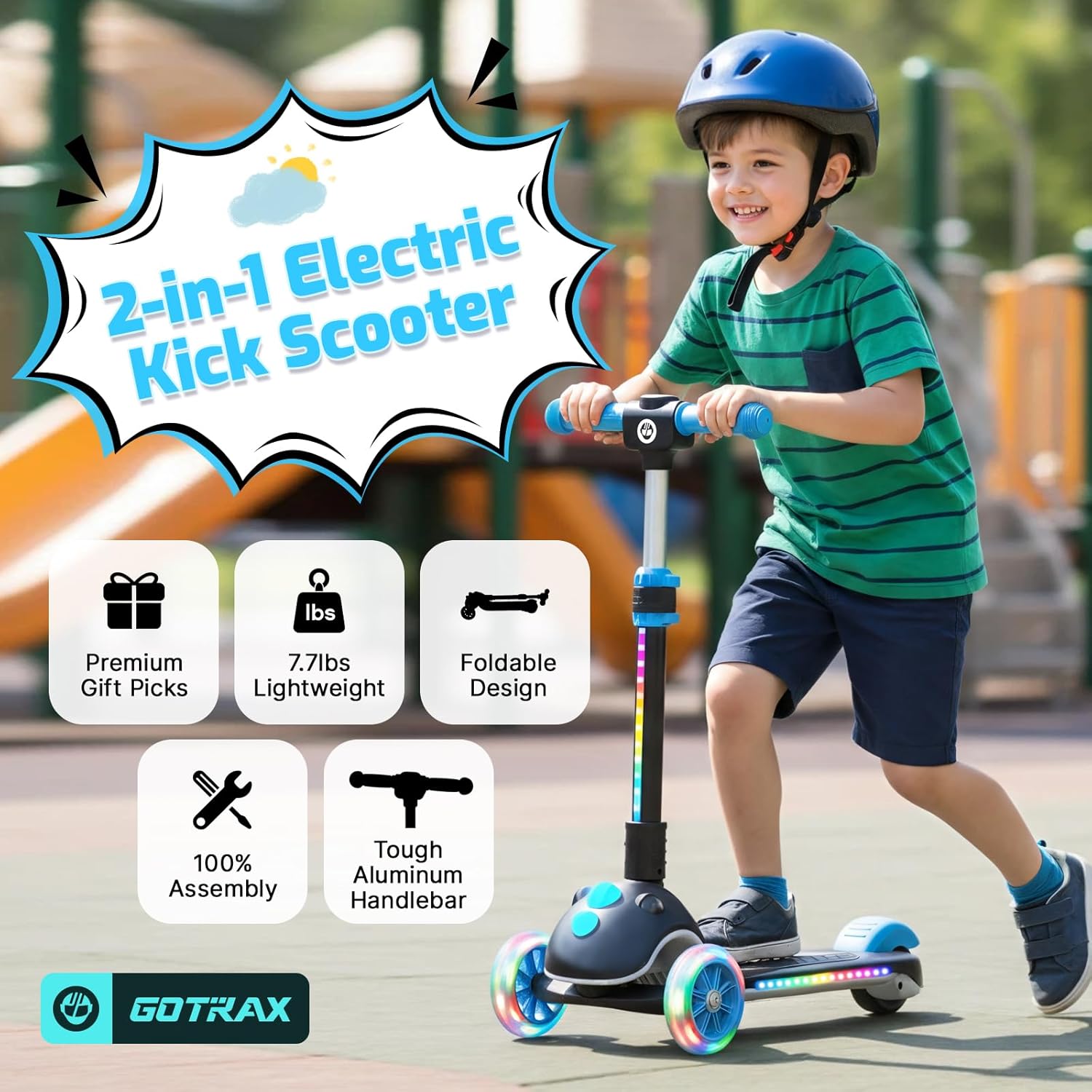 Gotrax SK1 Foldable Electric Scooter for Kids 4+, Full Body LED Light, 90min Riding & 5Mph Speed, Push-Button Throttle&Battery Indicator, 6'' Wheel&3 Adjustable Height, 3 Wheel Escooter, Gift, Black