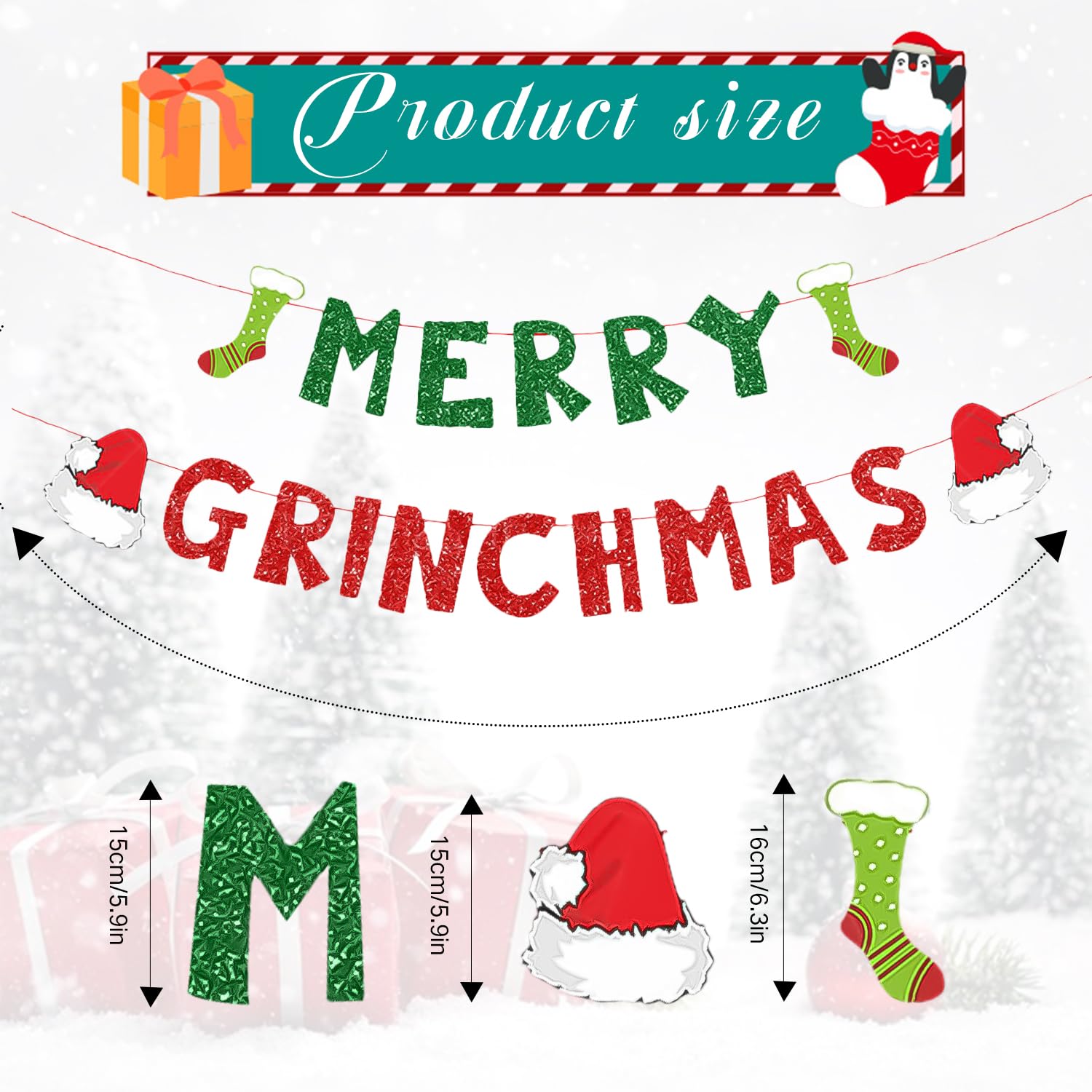 HIXNUG 2pcs Christmas Banner Monster Christmas Decoration Supplies Red & Green Glitter Hanging Ornaments Banner for Indoor Fireplace Mantel - Image 2