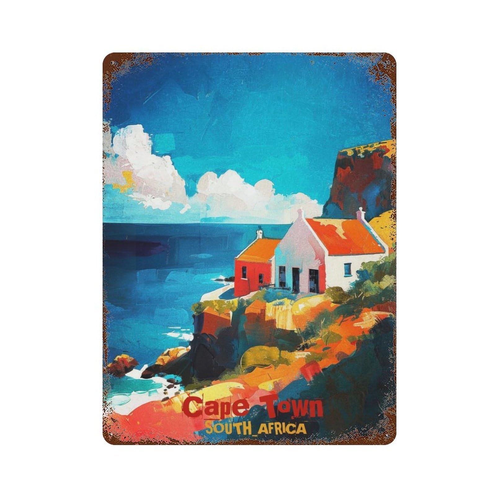 Cape Town Art Vintage Wall Sign 15.7"x11.8", Rust Effect Metal Decor for Cafe, Home Bar And Lounge Decor