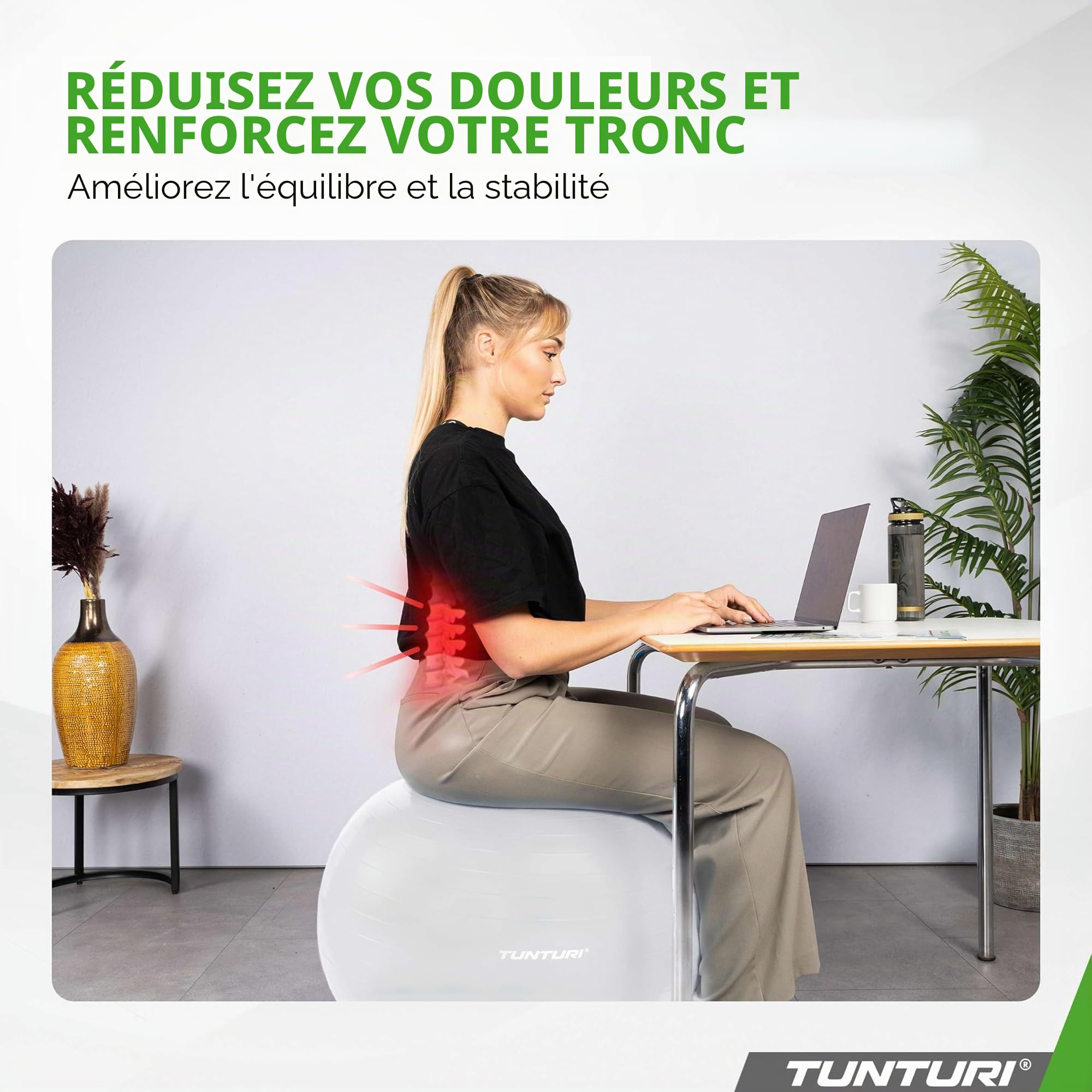 Tunturi Balle de gymnastique en 55 cm 65 cm 75 cm 90 cm Ballon de fitness pour yoga, Pilates, siège de bureau