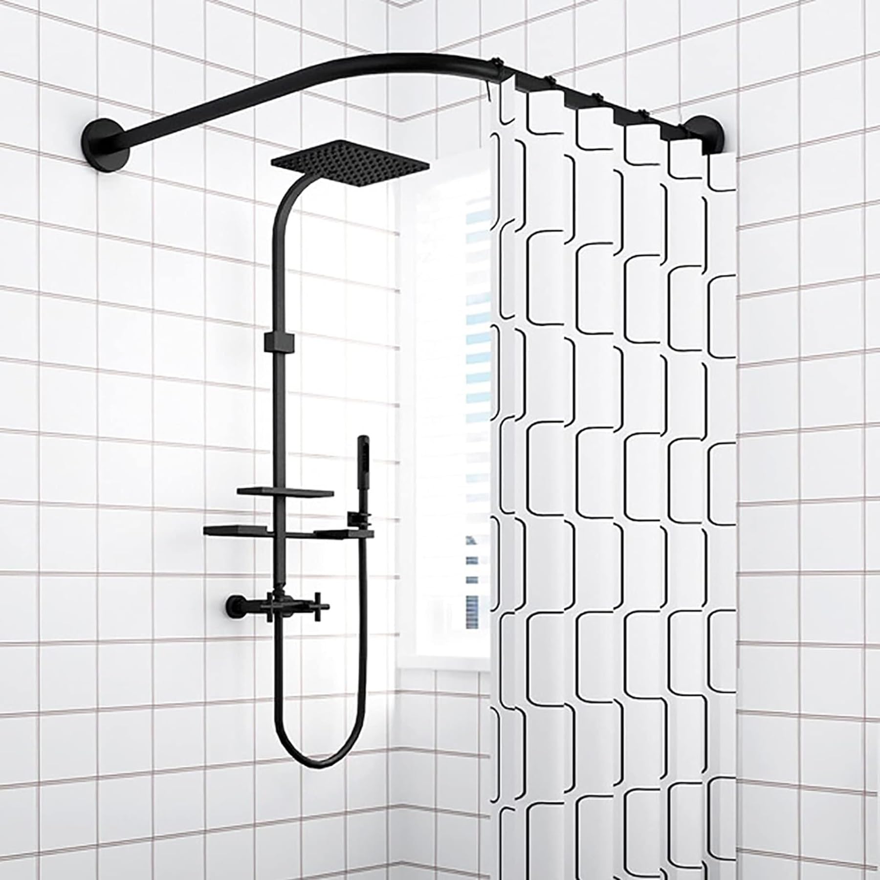 Barra de cortina de ducha curvada ajustable, color negro, sin taladro, en forma de L, de acero inoxidable montada a presión, se adapta a 70-95 cm x 120-165 cm, perfecta para baños modernos