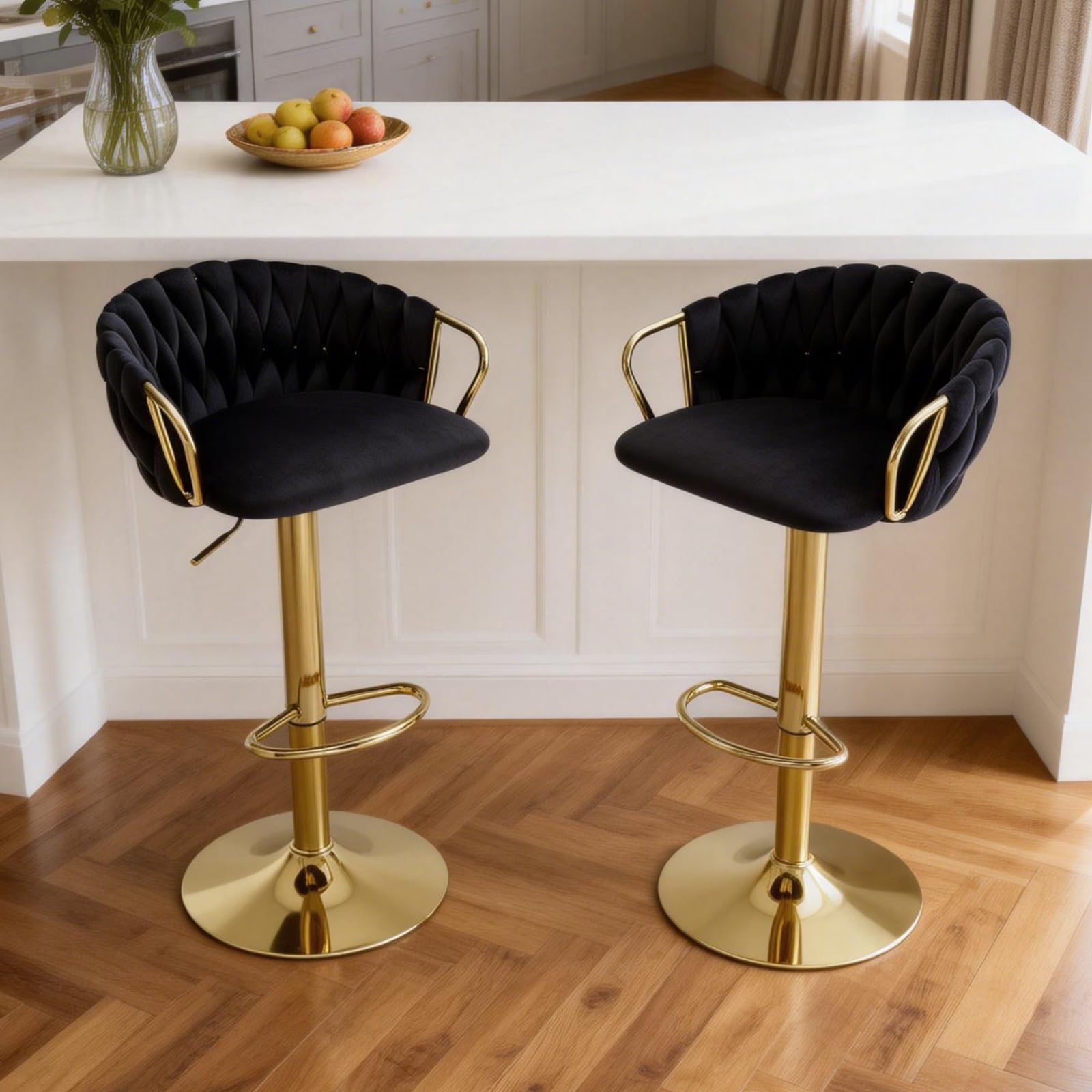 Relbiety Velvet Bar Stools Set of 2 With Woven Backrest,Black