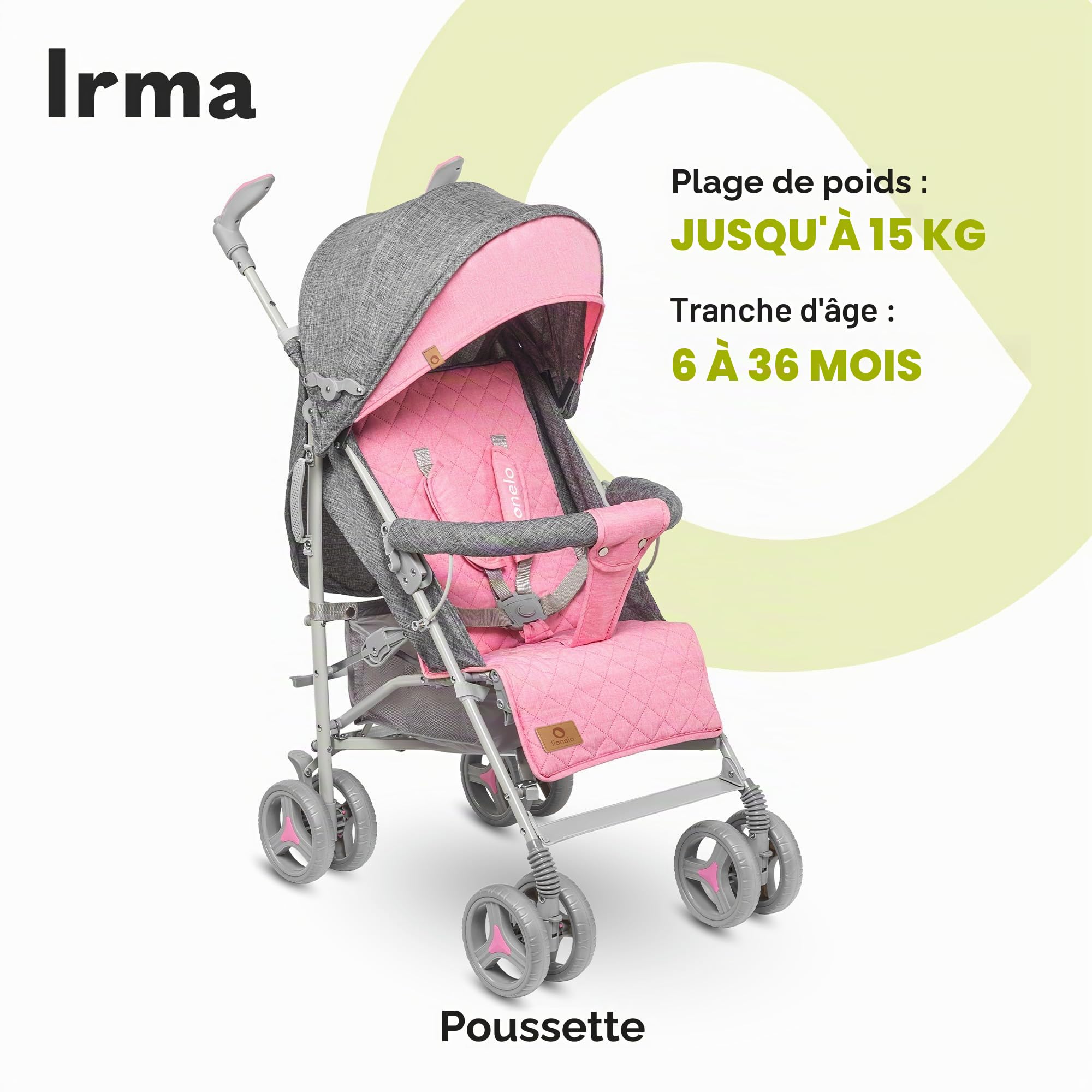LIONELO Poussette IRMA légère et pliable pour bébé jusqu'à 3 ans, fonction allongée, harnais à 5 points, grandes roues de 15,2 cm, moustiquaire, grand panier et capot, poignées rotatives, poussette