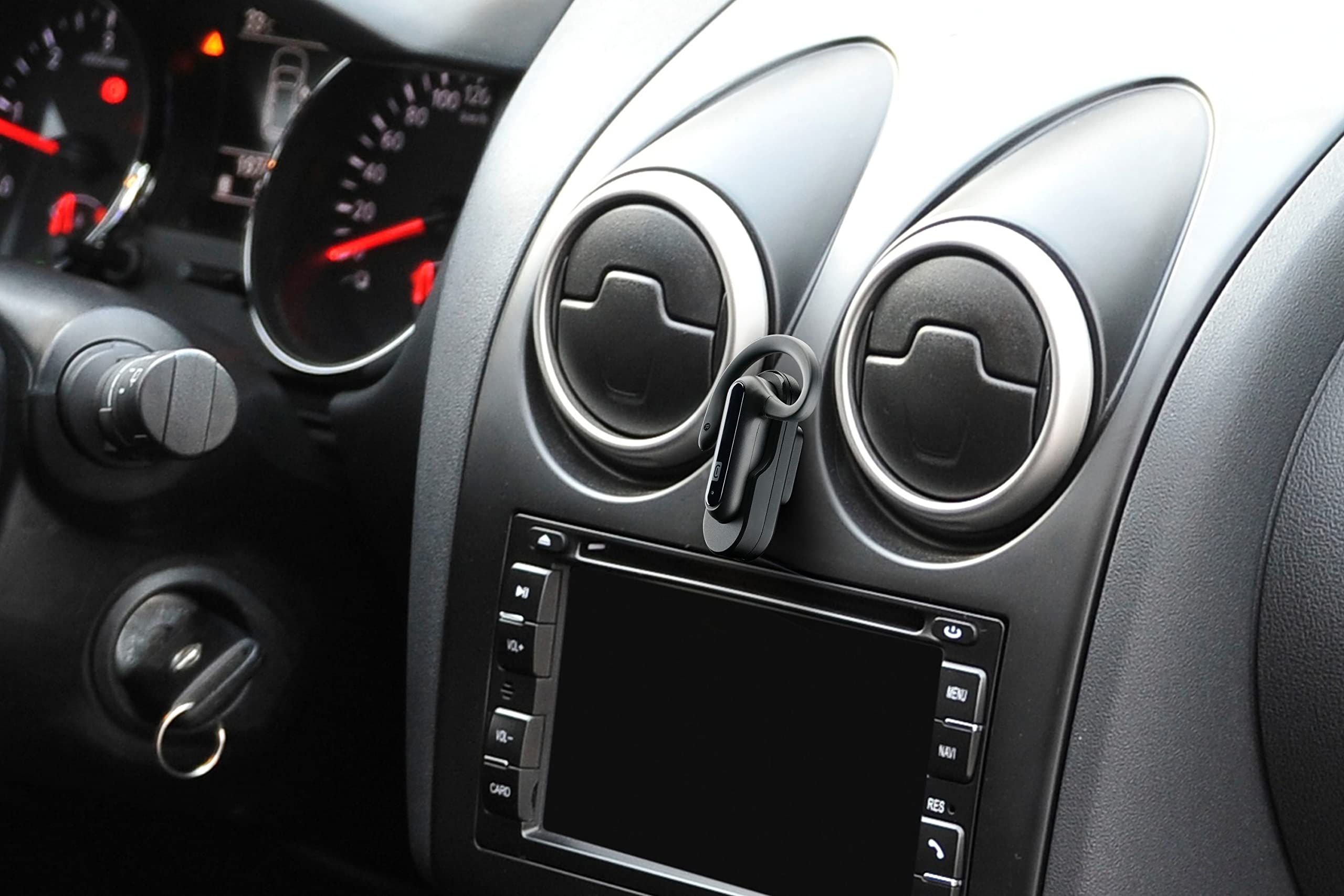 cellularline | CAR FLAT | Auricolare Bluetooth Mono con Supporto Auto da Bocchette di Areazione o Adesivo - Talk Time: 6 ore - Ricarica : 1.5 ore - Portata: 10mt, Nero, Universale