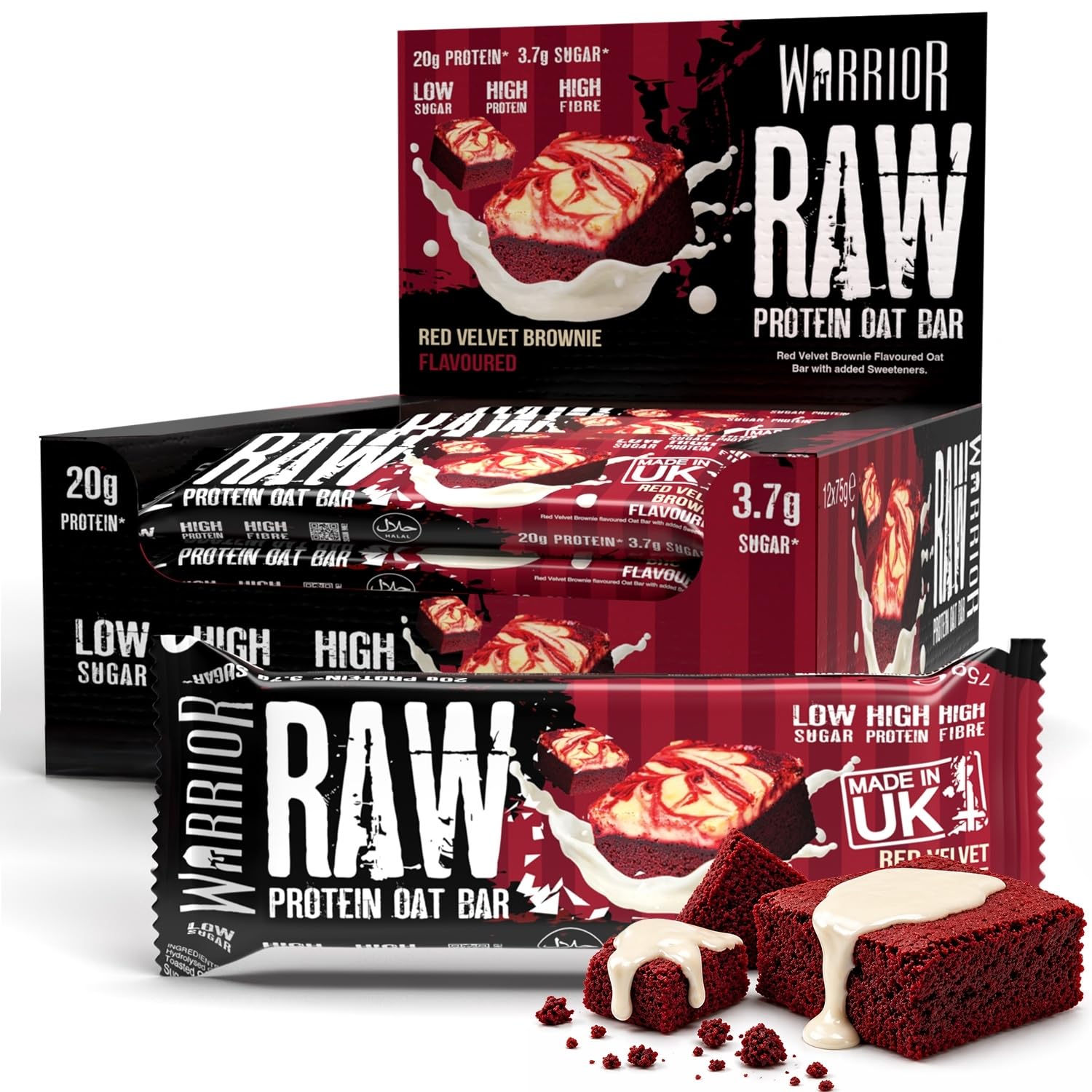 Warrior RAW Protein Bars 12 x 75g – 20g High Protein Bar, Low Sugar High Fibre Oat Protein Flapjack – Protein Snacks, Meal Replacement Bars (Red Velvet Brownie)