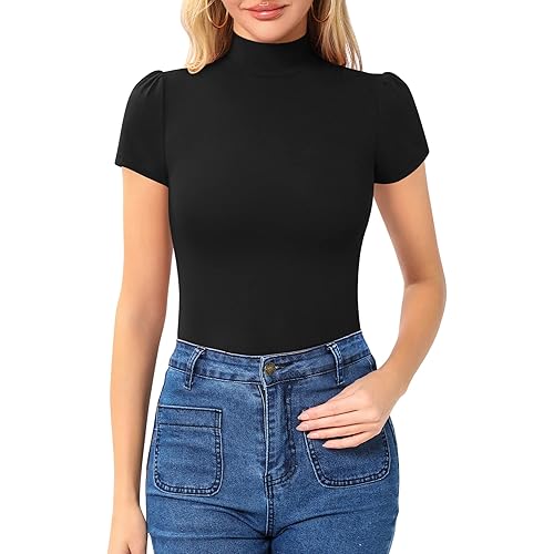MANGOPOP Women's Mock Turtle Neck Slim Fit Long Half Short Sleeve T Shirt Tight Tops Tee