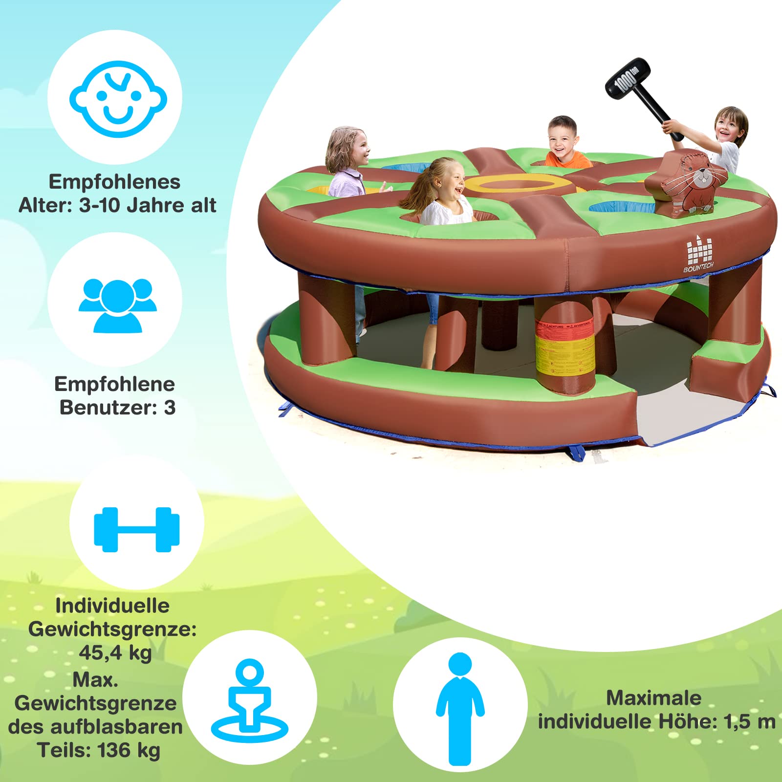 COSTWAY Aufblasbares Hau-den-Maulwurf Spiel für Kinder, riesiges Kinderspiel mit 480W Gebläse, aufblasbarem Hammer, Pflöcken, aufblasbares interaktives Familienspiel für Innen- & Außenbereich