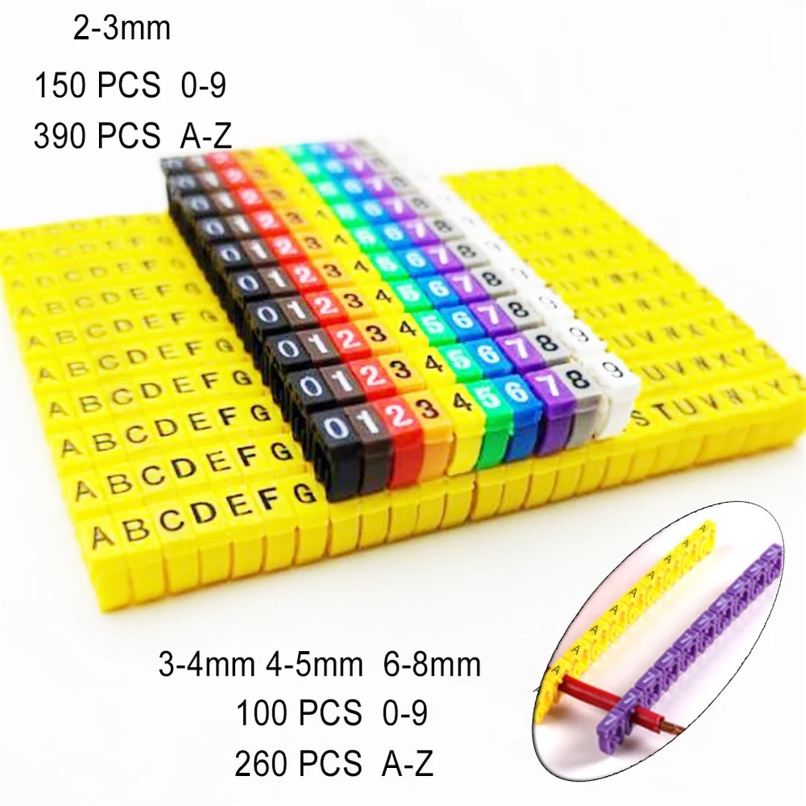 Etykiety do kabli, 100/260 szt. Etykieta do oznaczania przewodów, wielokolorowa, z cyframi i literami, 2-8 mm(2 3mm,260PCS A Z Yellow)