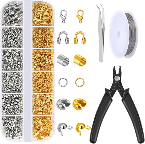 Acejoz Kit de 1200 cuentas de crimpado para hacer joyas, engarzar cuentas, cubiertas, tubos y guardianes de alambre, cierres de langosta, anillos de