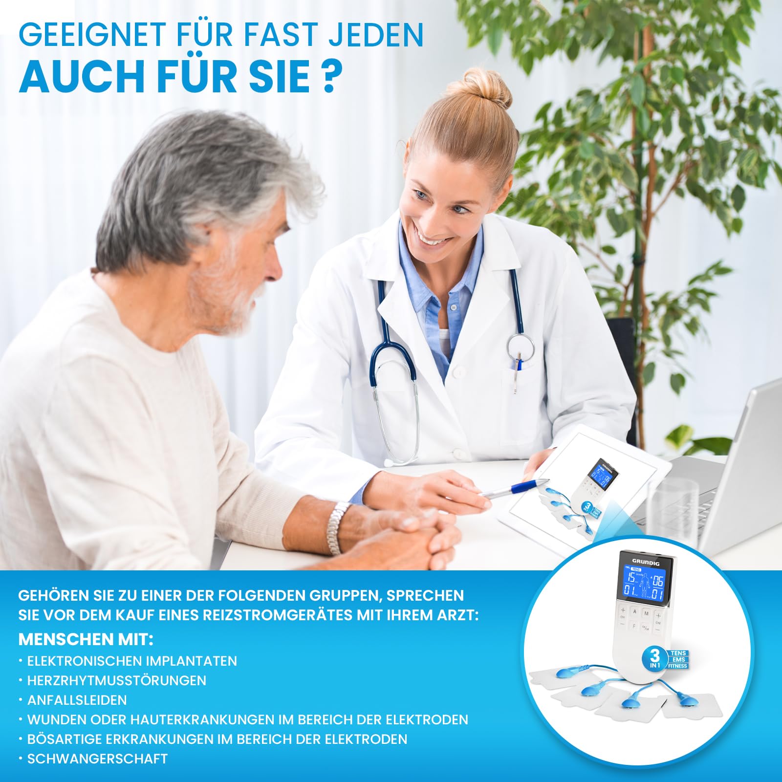GRUNDIG Tens Gerät Schmerztherapie Reizstromgerät - Zertifiziertes Reizstrom Medizinprodukt mit 50 Programmen und 16 Intensitätsstufen - 3in1 Akku EMS Gerät zur Muskelentspannung (Gerät)