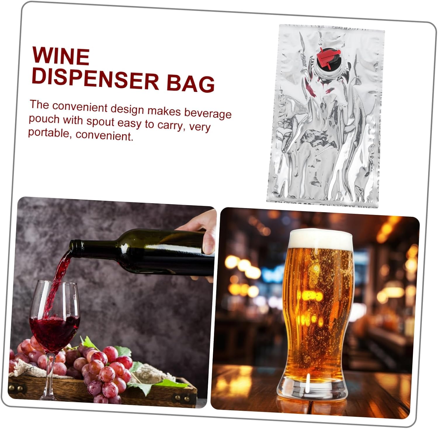 10pcs Portable Wine Beverage Bags 1l Silver Leakproof Reusable