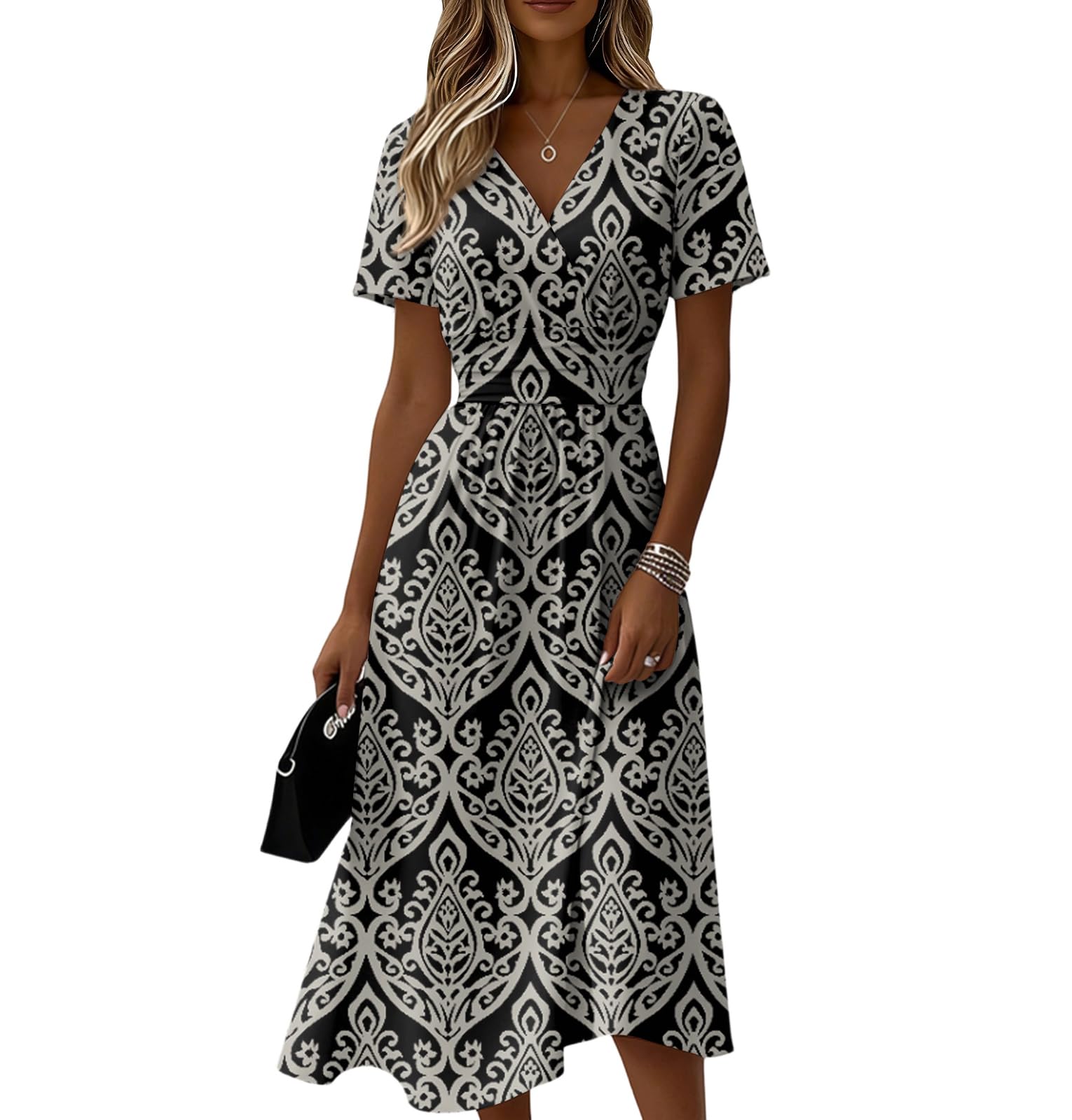 Robe Medievale Femme, Soiree Robes Midi Élégante À Imprimé Floral Col en V Manches Courtes Coupe Trapèze Fluide Idéale pour L'Été La Plage Ou Les Soirées Jeans Femmes