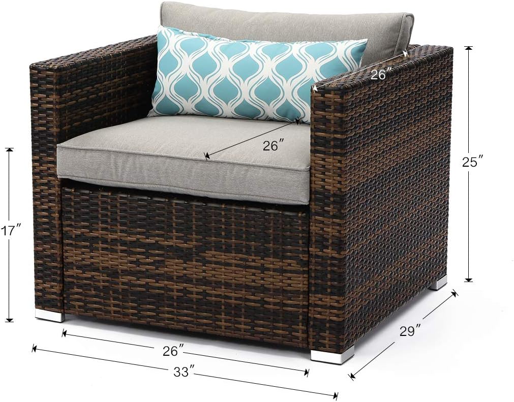 COSIEST All-Weather Patio Chair, Single Brown Wicker Chair with Thick Gray Cushions & Teal Pillow, Outdoor Rocking Chair for Porch, Garden, Poolside
