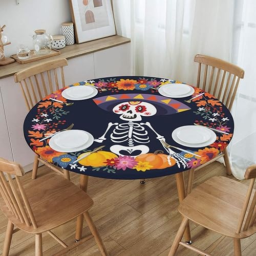 Miniatura 4 de Day of The Dead - Mantel redondo ajustable con diseño de calavera mexicana, impermeable, con borde elástico, para interiores y exteriores, se adapta