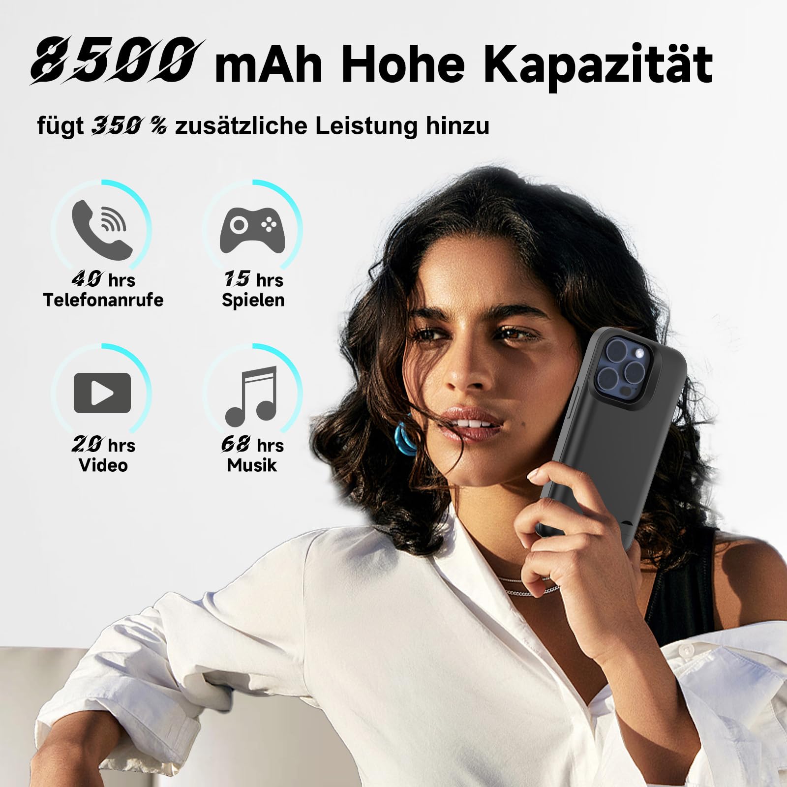 Akkuhülle für iPhone 15 Pro (8500mAh), Schlanke Wiederaufladbare Erweiterte Ladehülle Powerbank mit Standfuß, Tragbare Schutzhülle mit Akku für iPhone 15 Pro,(6,1 Zoll) – Schwarz