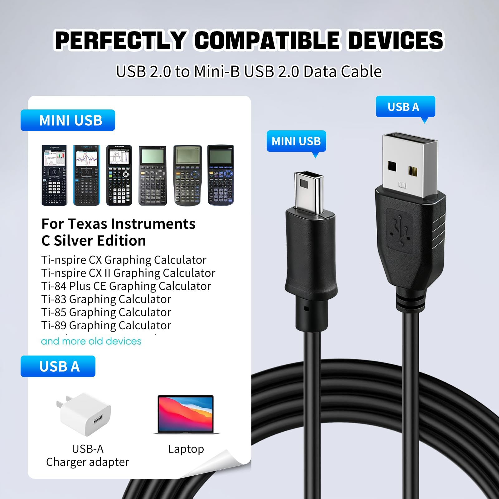 5Ft USB Charger & Data Cable For TI-84 Plus CE/C Silver Edition, Ti-Nspire CX/CX