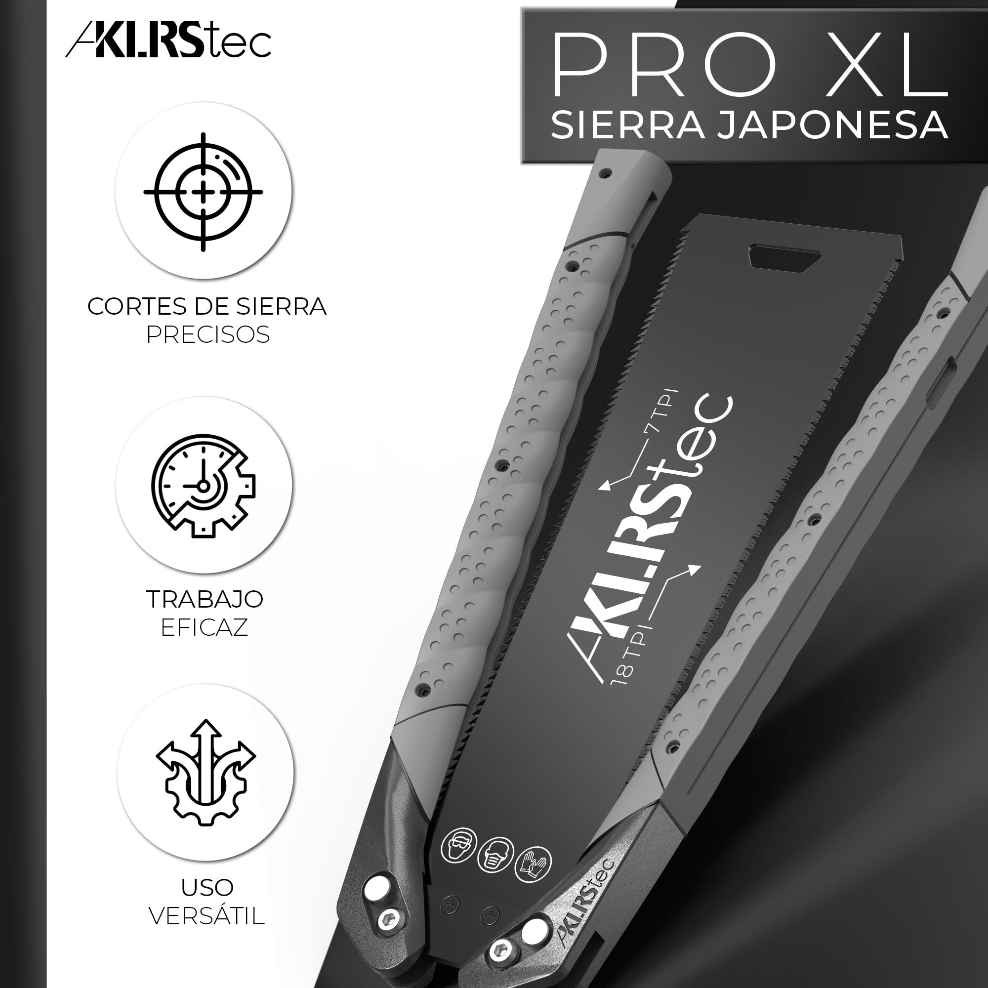 KLRStec Sierra japonesa PRO XL - Hoja de sierra dentada de doble cara [240mm] de acero al carbono - Sierra de tracción plegable con mango de TPU antideslizante