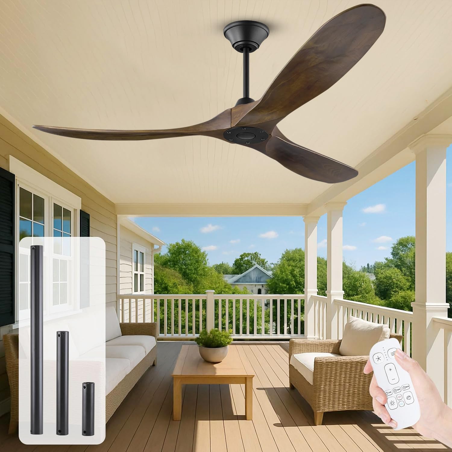 Ventilatore da soffitto in legno da 52 pollici con telecomando, moderno ventilatore da soffitto a 6 marce, 3 fogli, motore DC reversibile, ventilatore da soffitto per interni ed esterni