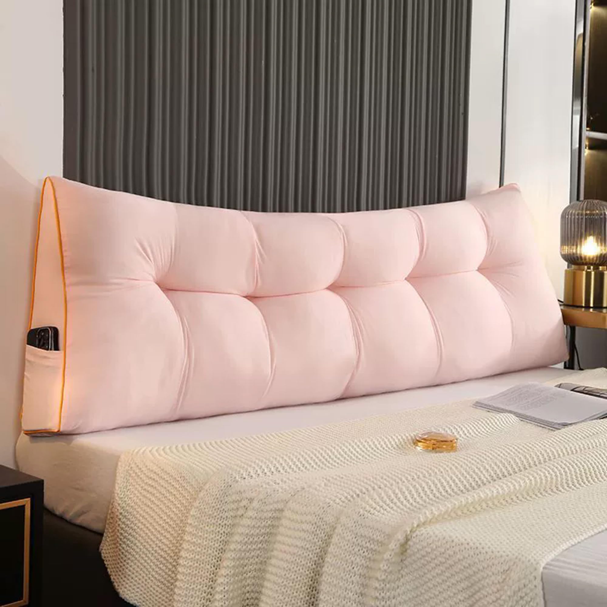 Hruile Triangular Headboard Reading Cushion, Ergonomic Backrest Support Cushion for Bed & Sofa, Bed Backrest Positioning Support Pillow, Lumbar Back Rest Bolster (150x50x15cm,Light Pink)