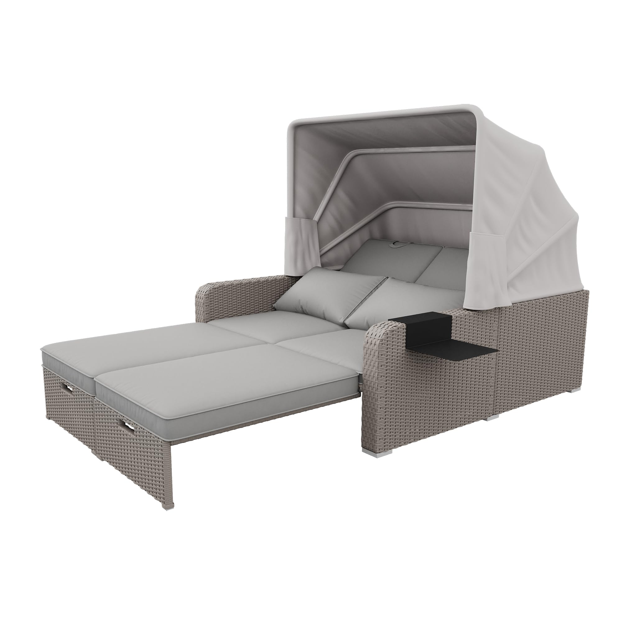 Muebles de jardín de polirratán para 2 personas, sofá de salón con toldo extraíble, sofá convertible en cama, para playa, jardín, fácil de montar (caqui)