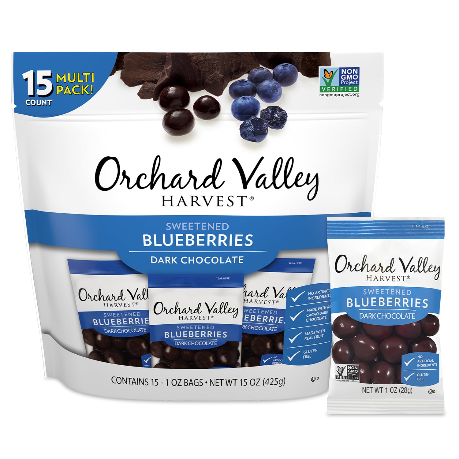 Orchard Valley Harvest Dark Chocolate Covered Blueberries, 1 Ounce(Pack of 15), Gluten Free, Non-GMO, No Artificial Ingredients