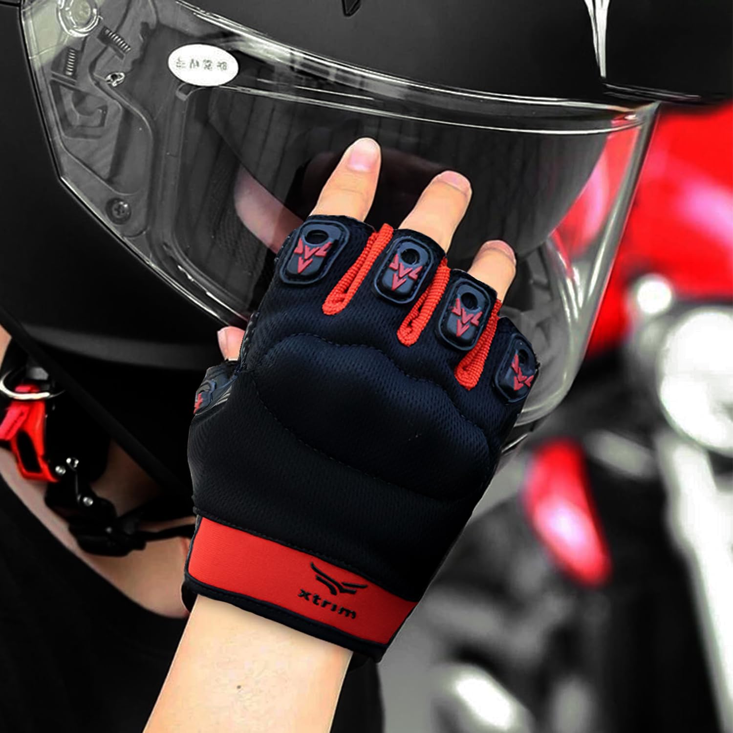 XTRIM Biking Gloves for Men and Women (XLarge) Half-Finger Length Motorcycle Gloves for Men, Moisture-Absorbent Fabric, Reinforced Knuckles for Impact Protection (1 Pair, Jet Black & Red)-image-12