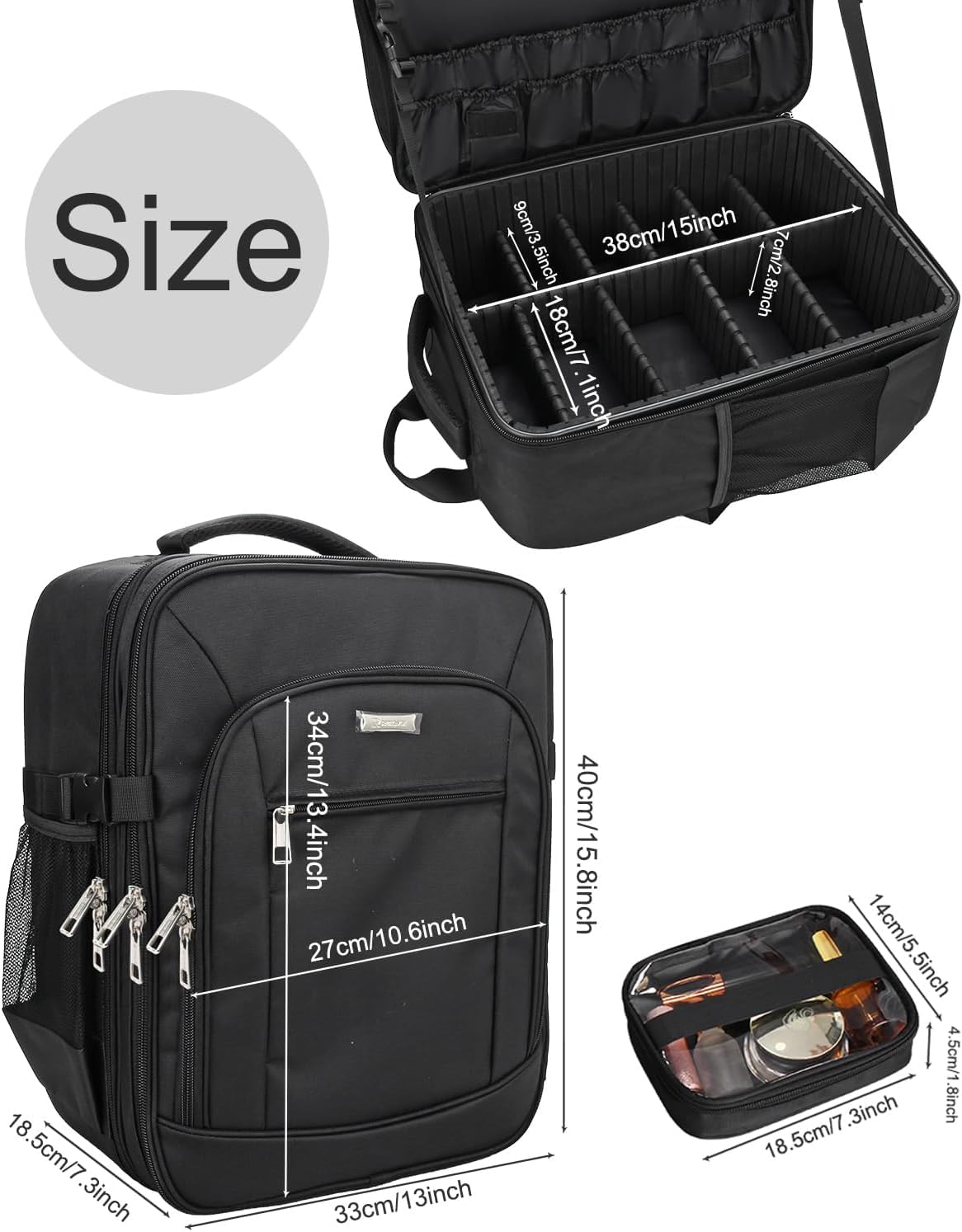 Relavel Sac à dos cosmétique professionnel extra large voyage cosmétique organisateur de rangement double couche grande capacité avec 4 compartiments intérieurs noir