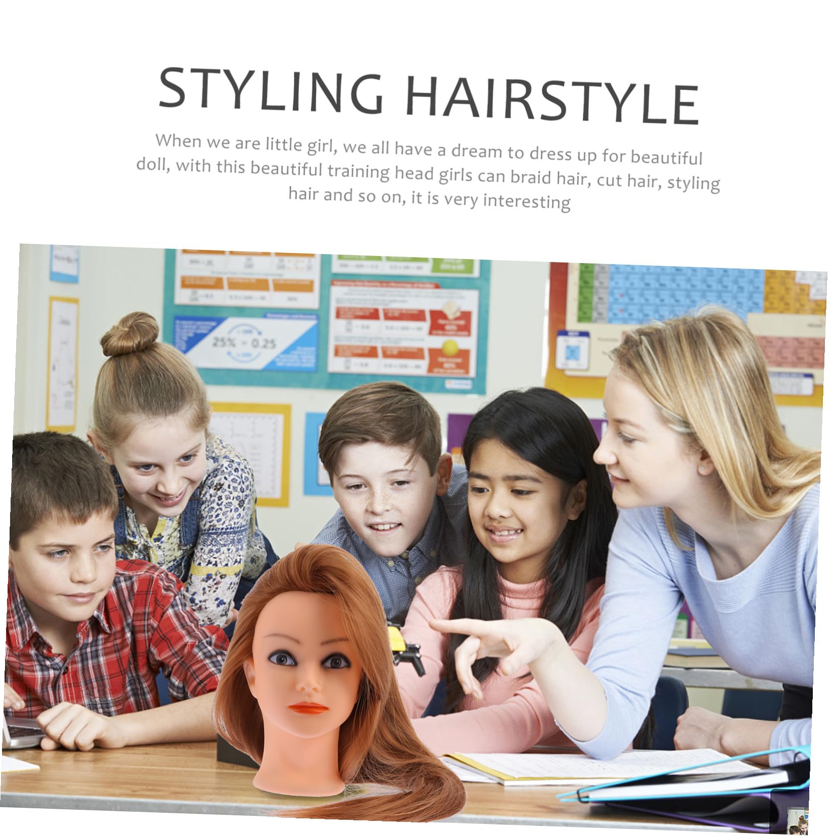 Mannequin Puppenkopf mit Hochtemperatursilk Haarstyling Puppe mit Ständer für Flechten und Dutt Geeignet für Kinder und Frauen im Friseursalon oder Zuhause