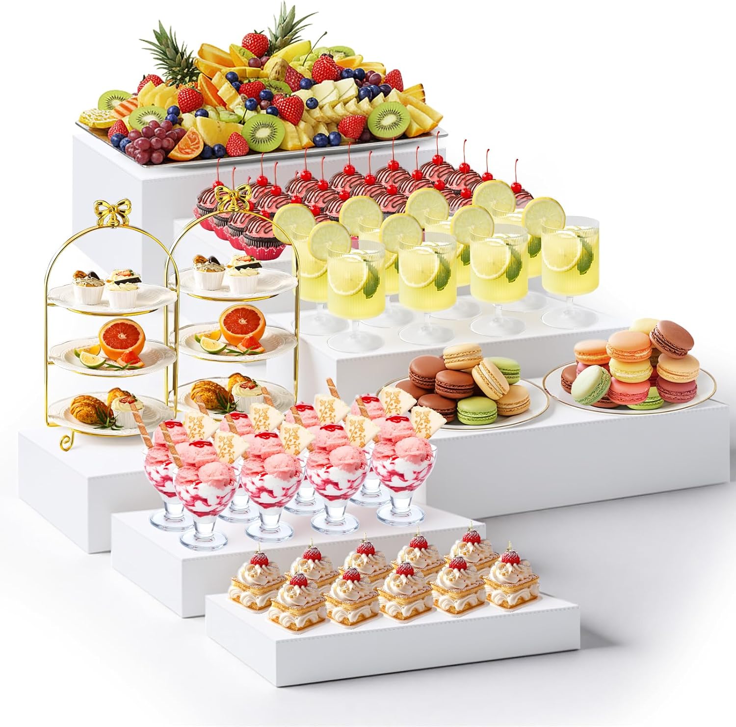 Leinuosen 7 Pcs Extra Large Buffet Risers Set 10" to 16" Rectangle Acrylic Display Box Catering Dessert Table Riser Food Display Decorative Stand with Hollow Bottom for Catering Supplies(White)