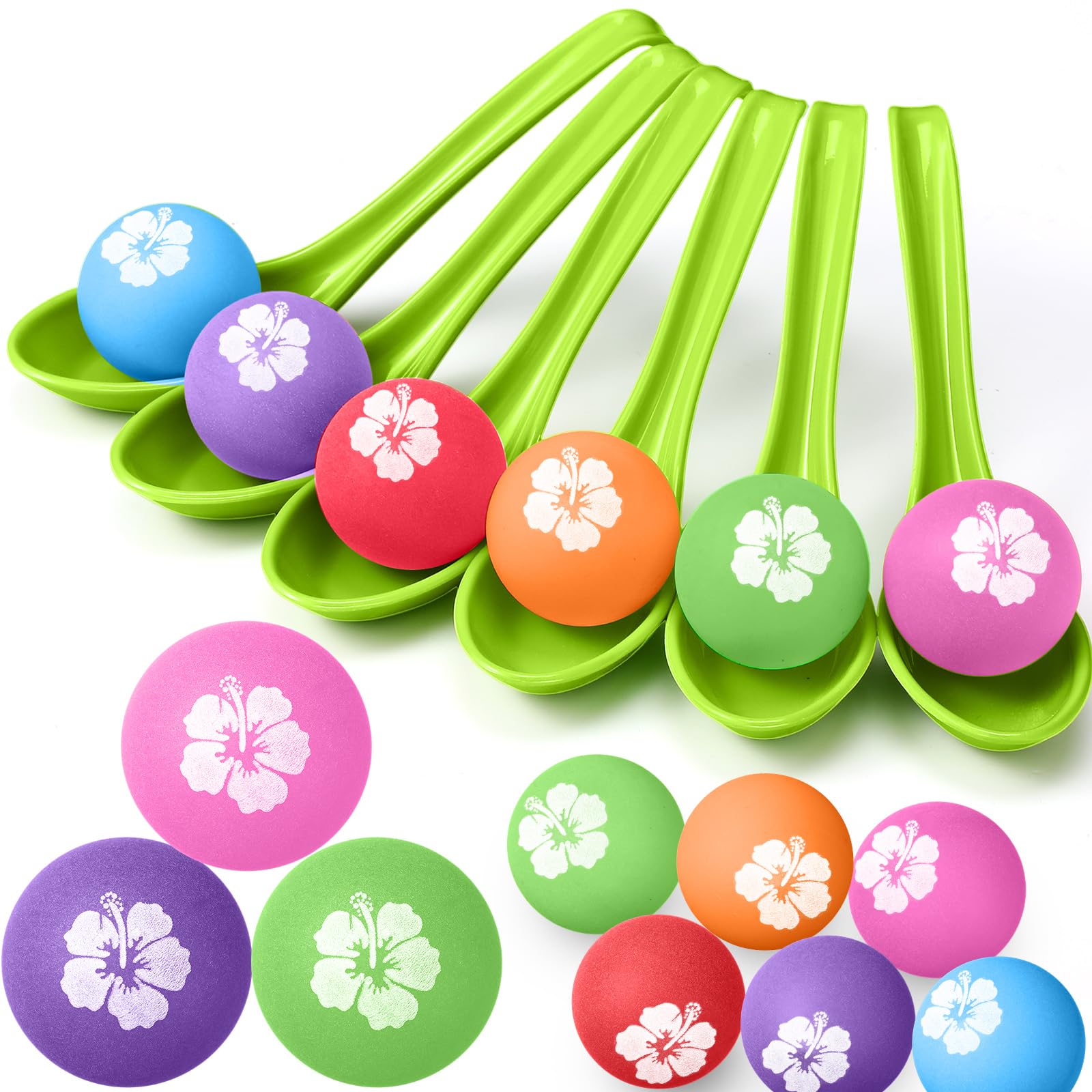 12 Pcs Luau Hawaiian Egg and Spoon Race Set Tropical Summer Aloha Themed Party Favors Birthday Supplies(Green,Flower)