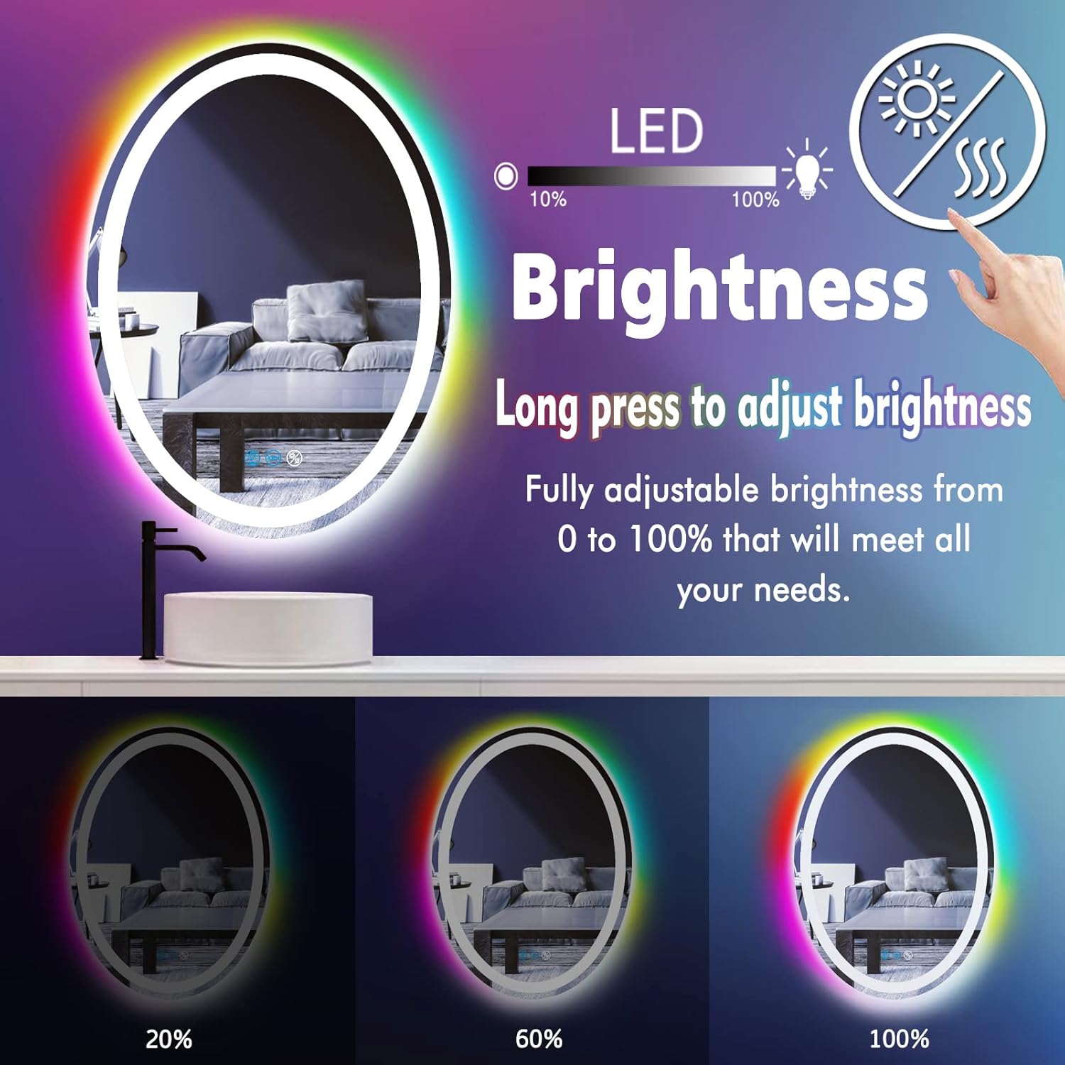 32 x 24 Inch Bathroom LED Oval Mirror with Lights Smart Memory Front & RGB Color Changing Backlit Oval Lighted Mirror for Bathroom Wall 32 Colourful Ovals Vanity Mirror with Lights AntiFog